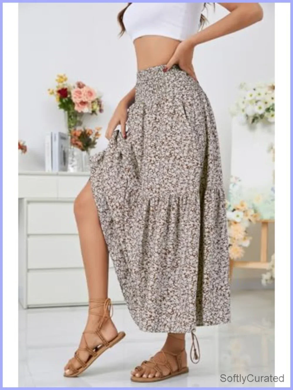 Boho Maxi Skirt Floral Smocked High Waist Long Skirts with Pockets Flowy Beach
